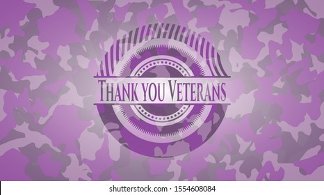 Thank you Veterans pink and purple on camo texture. Vector Illustration. Detailed.