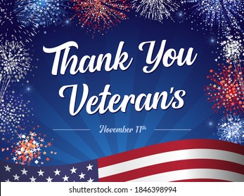 Thank you Veterans for serving our country and protecting our freedoms. Veterans day hand-lettering greeting card. Holiday typography poster with balloons, salutes and flag