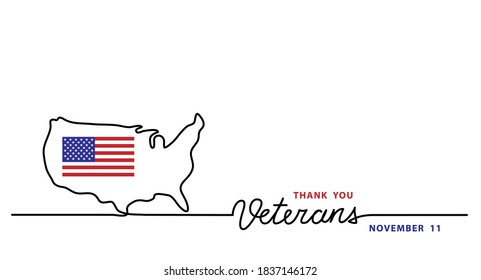 Thank you veterans simple vector banner, poster, background with flag and usa map. Single line art illustration with lettering veterans.