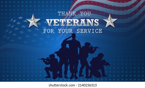 Thank you Veterans for your service Abstract Banner Background with United States Waving Flag. vector illustration design. backdrop for blue