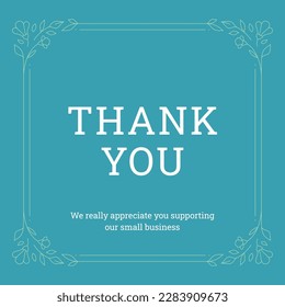 Thank you vintage card blue floral frame blossom ornament design template vector illustration. Thankful old fashioned flower border correspondence thanksgiving greeting message for business support