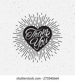 'Thank You' vintage grunge hand lettering with heart and rays for t-shirt apparel, print, poster, card design etc. Vector Illustration.