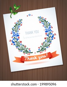 THANK YOU watercolor floral wreath with ribbon  on wood planks Greeting card background