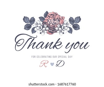 Thank you wedding card template with hand drawn flowers in vintage style. Vector illustration