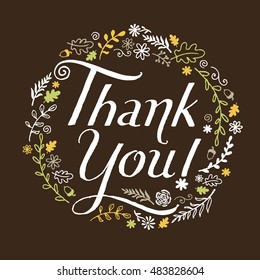 Thank you white handwritten lettering vector illustration isolated on a dark brown background with leaves and flowers