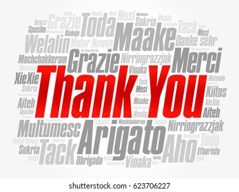 Thank You Word Cloud art background, all languages, multilingual for education or thanksgiving day
