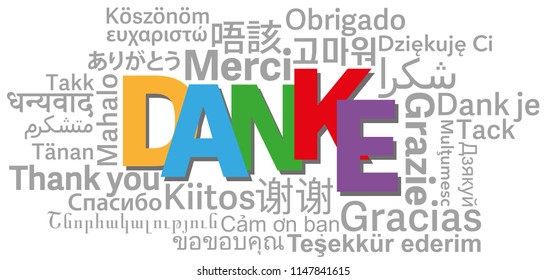 thank you word cloud in different languages with German word DANKE in center vector illustration