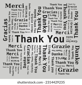 Thank You Word Cloud in Different Languages - 5 Languages, English, French, German, Spanish and Italian