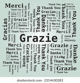 Thank You Word Cloud in Different Languages - 5 Languages, English, French, German, Spanish and Italian