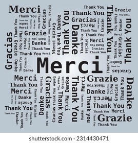 Thank You Word Cloud in Different Languages - 5 Languages, English, French, German, Spanish and Italian