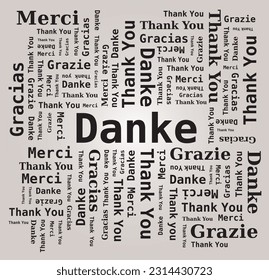 Thank You Word Cloud in Different Languages - 5 Languages, English, French, German, Spanish and Italian