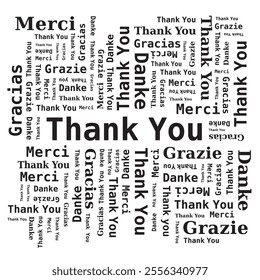 Thank You Word Cloud in Different Languages - 5 Languages, English, French, German, Spanish and Italian