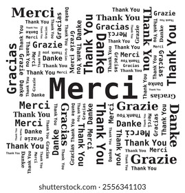 Thank You Word Cloud in Different Languages - 5 Languages, English, French, German, Spanish and Italian