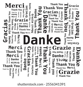 Thank You Word Cloud in Different Languages - 5 Languages, English, French, German, Spanish and Italian