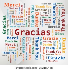Thank You Word Cloud in Different Languages - 5 Languages - English, French, German, Spanish and Italian. Multicolored Letters and Different Orientations