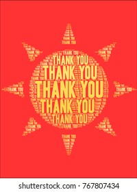 Thank You word cloud on a red background. 