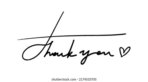 Thank you word with a heart. Written in a free hand. The handwriting is black on white. Vector illustration of gratitude isolated.