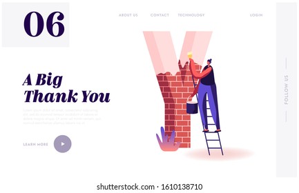 Thank You Word Spelling Website Landing Page. Woman Stand on Ladder Holding Bucket with Paint and Brush Painting Huge Letter Y Made of Red Bricks Web Page Banner. Cartoon Flat Vector Illustration