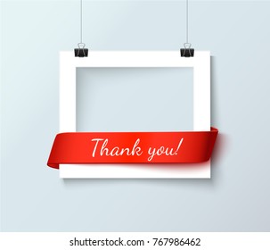 Thank You Word With White Photoframe And Red Curve Ribbon With Space For Text Or Photo Isolated On Light Gray Background