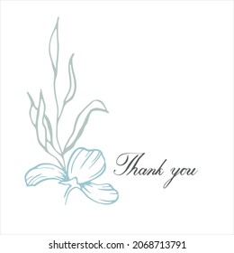 Thank you wording with hand drawn flowers and leaf. doodle elements, grass, leaves, flowers. Vector illustration, design element for congratulation cards, print, banners and others
