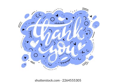 Thank you words speech bubble icon with thin linear elements around. Hand drawn lettering design for stickers, banners, cards.