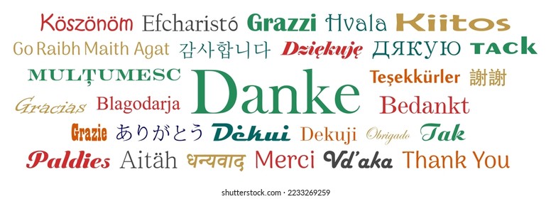 Thank you in Worldwide languages. Vector lettering. White back.
German Danke and all other Text in different languages are meaning Thank you in English.
European , Chinese, Japanese, Korean, Hindi.