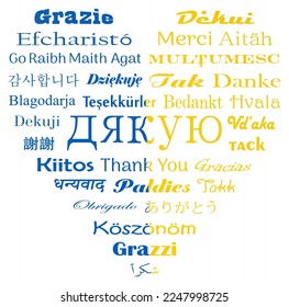Thank you in Worldwide languages. Vector lettering in Ukraine colors. White back.
Ukrainian Dyakuyu and all other Text in different languages are meaning Thank you in English.