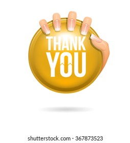 THANK YOU yellow badge held by woman's hand
