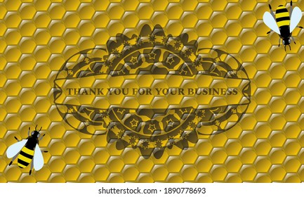 Thank You For Your Business text inside sweet honey bees emblem.beekeeping graceful background. Vector illustration. 