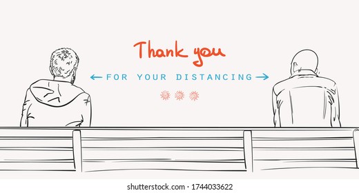 Thank you for your distancing Covid  19 banner  Stop spread coronavirus keep social distance  Two men sit bench view from back  Hand drawn vector illustration