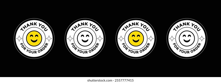 Thank you for your order badge sticker emoji. Thank you sticker round using as Coffee mug, Planet, book sticker. Happy face sticker Thank you circle. Thank you purchase adhesive.