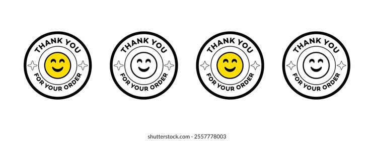 Thank you for your order badge sticker emoji. Thank you sticker round using as Coffee mug, Planet, book sticker. Happy face sticker Thank you circle. Thank you purchase adhesive.