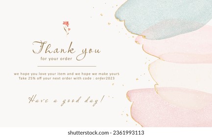 thank you for your order card template, colorful watercolor with gold glitter background. printable and suitable for another greeting card or your project and small business