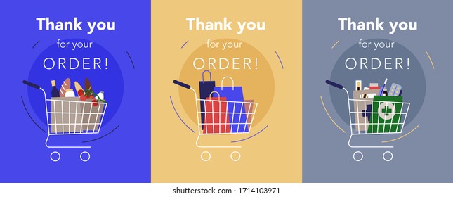 Thank you for your order concept illustrations. Set of three illustrations with shopcarts full of purchases.