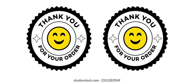 Thank you for your order. Geometric patterns sticker label design. Minimalist vectors label tag. smiley face emoji Modern icons. Thanksgiving vector sticker peel. Retro graphics. Thank you signs badge