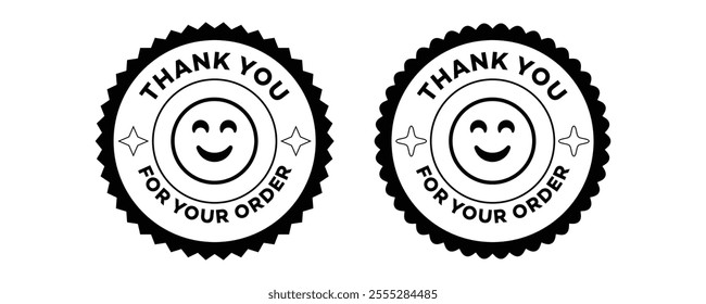 Thank you for your order. Geometric patterns sticker label design. Minimalist vectors label tag. smiley face emoji Modern icons. Thanksgiving vector sticker peel. Retro graphics. Thank you signs badge