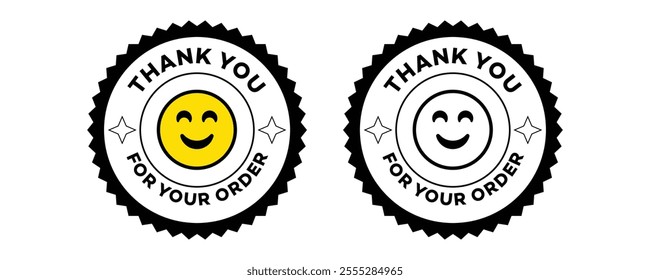 Thank you for your order. Geometric patterns sticker label design. Minimalist vectors label tag. smiley face emoji Modern icons. Thanksgiving vector sticker peel. Retro graphics. Thank you signs badge