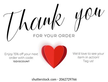 Thank you for your order vector card, creative template. Graphic design elements for thank you cards for customers made purchase online. Hahdwritten text, red paper cut heart.