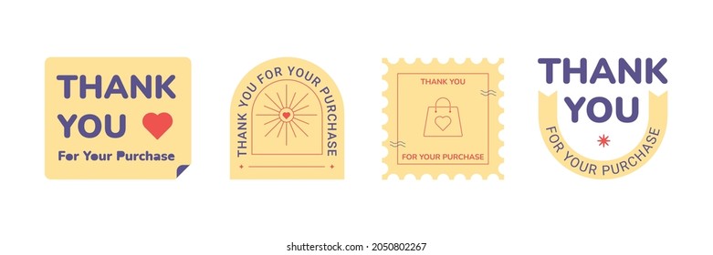 Thank you for your purchase greeting sticker. Four styke of thanks for purchase text, typographic, emblem.