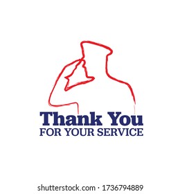 Thank You for Your Service in red and blue with salute symbol on isolated white background