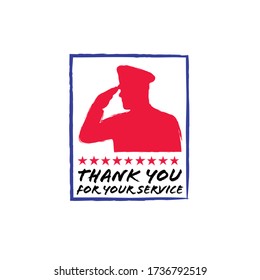 Thank You for Your Service with a salute icon in brush stroke style on isolated white background