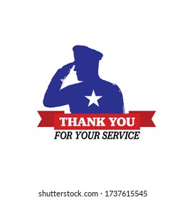 Thank You for Your Service salute icon and red ribbon on isolated white background