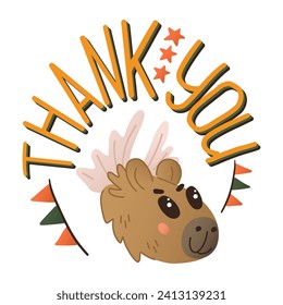 Thankful capybara oval typographic illustration. Birthday concept printout. Cute flat animal character with stars and flags. Isolated colored illustration on white background. Good for poster