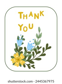 Thankful card with flat hand drawn abstract flower. Vector colored composition isolated on white background with text Thank you. Unique print design for printout, poster, interior. Holiday concept