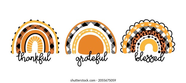 Thankful Grateful Blessed - Religion quote Thanksgiving day, lettering message. Handwritten modern brush calligraphy for fall. Good for home decor, posters, cards. Autumn sticker.