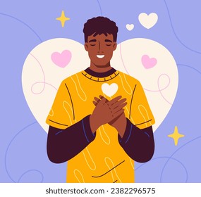 Thankful person with heart concept. Happy and positive man. Psychology and mental health. Self love and acceptance. Cheerful young guy. Template and layout. Cartoon flat vector illustration