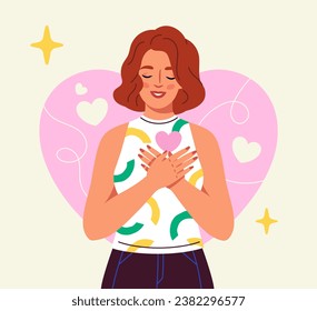 Thankful person with heart concept. Happy and positive woman. Psychology and mental health. Self love and acceptance. Graphic element for website. Cartoon flat vector illustration