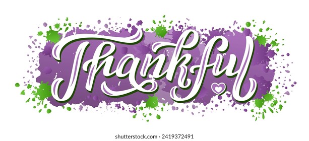 Thankful white lettering on textured background. Hand drawn vector illustration with text decor and heart icon for greeting card or advertising. Positive grateful nice quote for banner or concept