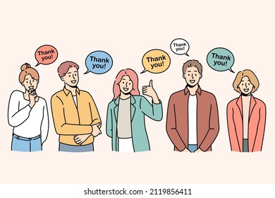 Thankfulness and feeling grateful concept. Group of young positive people standing and pointing and signs with thank you lettering feeling gratefulness vector illustration 