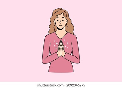 Thankfulness and good attitude concept. Young smiling female wearing red jacket standing with crossed hands on breast feeling thankful vector illustration 